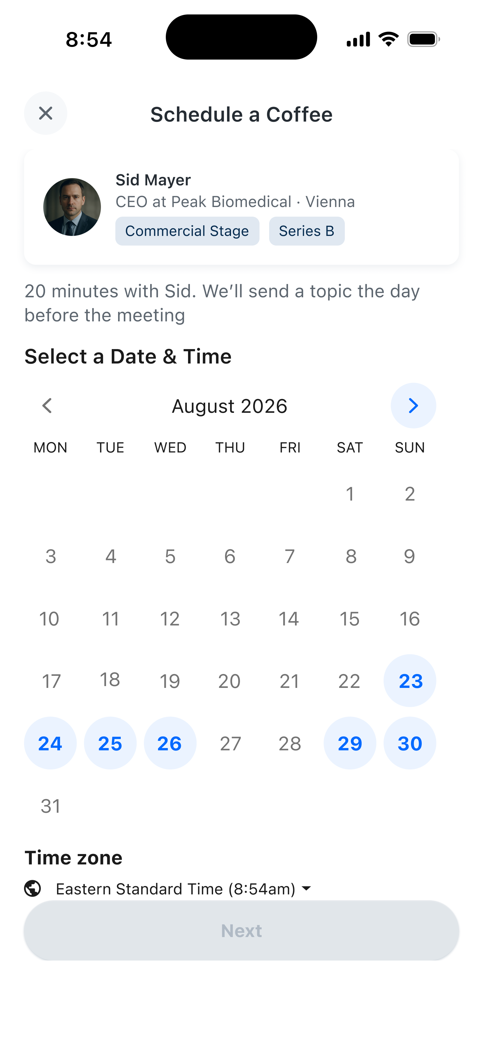 CEO XB coffee scheduling calendar showing Sid’s available dates in August with a time-zone selector